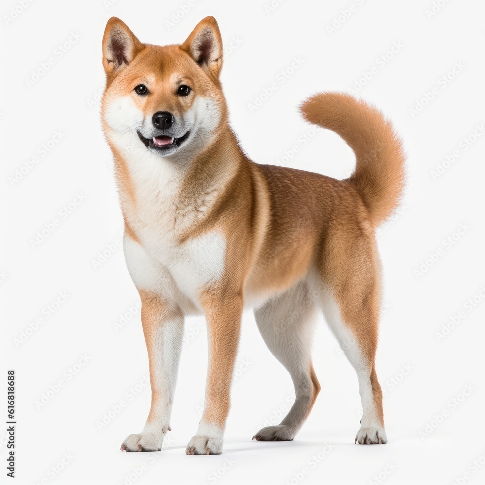 Standing Shiba Inu Dog. Isolated on Caucasian, White Background. Generative AI.