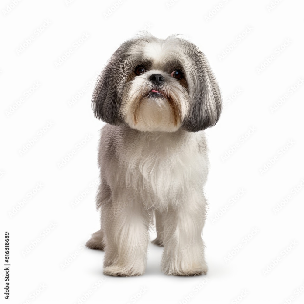 Standing Shih Tzu Dog. Isolated on Caucasian, White Background. Generative AI. Standing Shih Tzu Dog. Isolated on Caucasian, White Background. Generative AI.