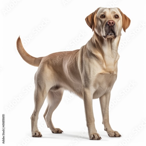 Standing Labrador Retriever Dog. Isolated on Caucasian, White Background. Generative AI.