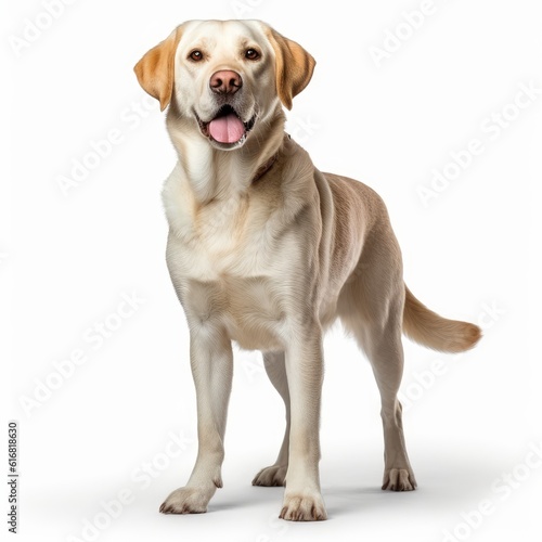 Standing Labrador Retriever Dog. Isolated on Caucasian, White Background. Generative AI.