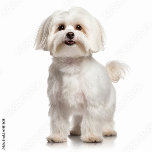 Standing Maltese Dog. Isolated on Caucasian, White Background. Generative AI.