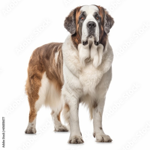 Standing Saint Bernard Dog. Isolated on Caucasian, White Background. Generative AI.