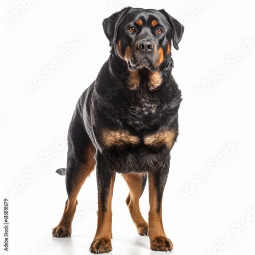 Standing Rottweiler Dog. Isolated on Caucasian  White Background. Generative AI.