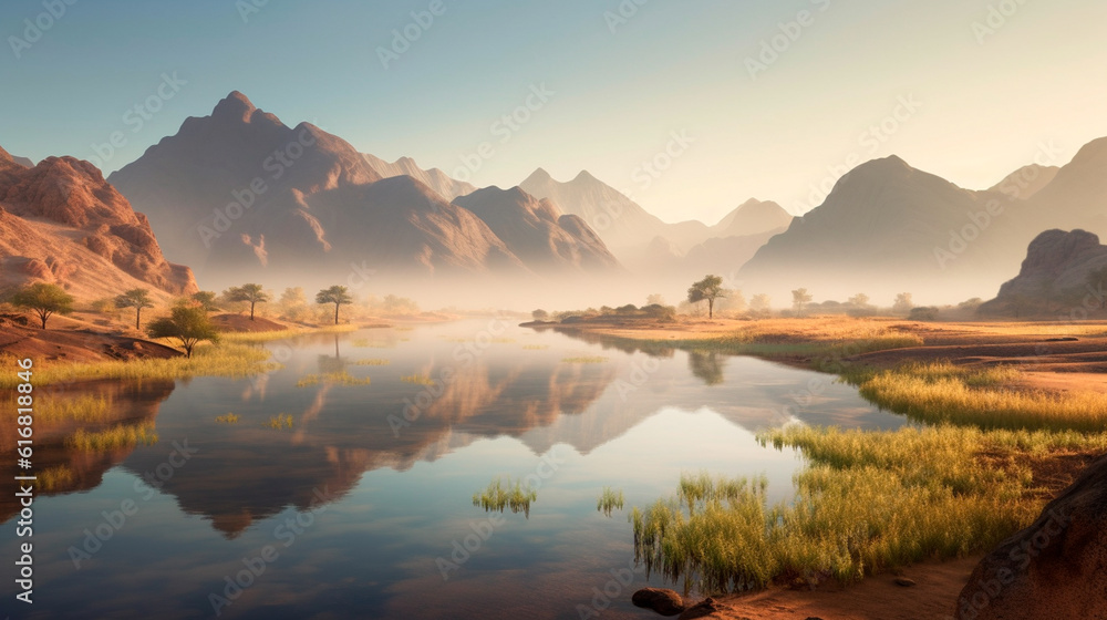 Desert mountain and oasis lake with morning sunrise light and misty environment, panoramic mountainous landscape and clear sky background. Generative AI