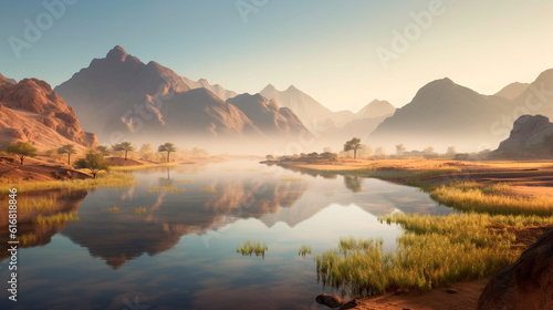 Desert mountain and oasis lake with morning sunrise light and misty environment, panoramic mountainous landscape and clear sky background. Generative AI