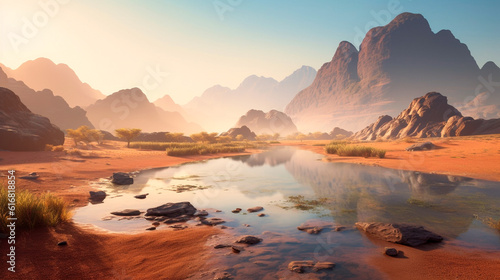 Desert mountain and oasis lake with morning sunrise light and misty environment, panoramic mountainous landscape and clear sky background. Generative AI © Aram
