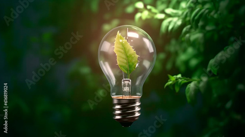 Eco friendly lightbulb from fresh leaves top vie, concept of Renewable Energy and Sustainable Living, created. Generative AI