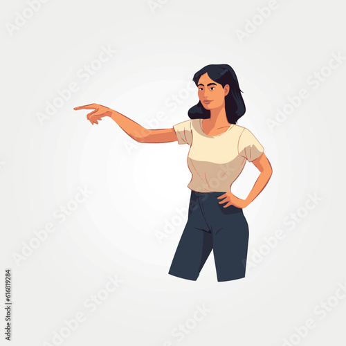 beautiful woman with dark hair pointing indicating something