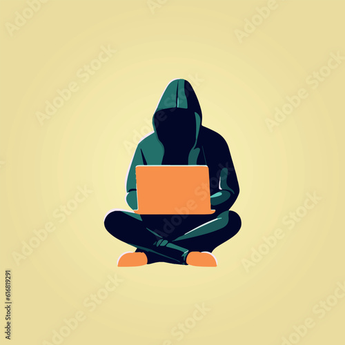 hooded hacker man sitting with laptop on lap
