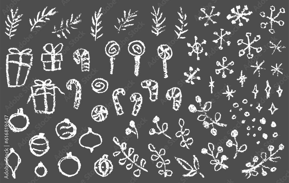 Chalk drawn Christmas set: snowflakes, gift boxes, candies, branches, spruce and bulbs. Vector hand drawn elements isolated on dark gray background.