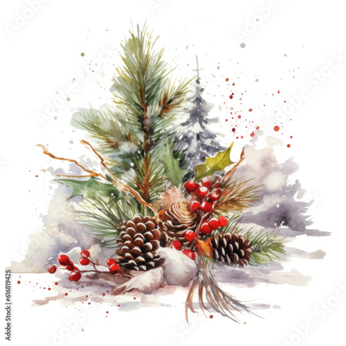 Christmas composition watercolor. Illustration AI Generative.