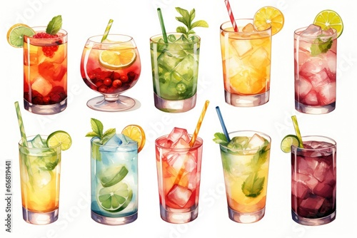 Watercolor illustration of drinks and cocktails collection on white background