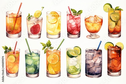 Watercolor illustration of drinks and cocktails collection on white background