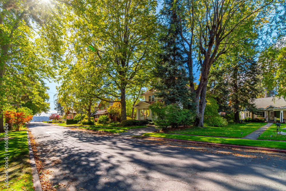 A shaded tree lined street of Victorian and historic homes across from the city park with the lake in view in historic Fort Grounds district of Coeur d'Alene, Idaho, USA.	