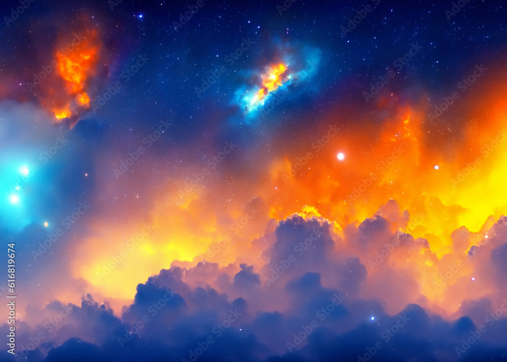 abstract galaxy background, blue and orange space nebula, astronomy background created with generative ai technology