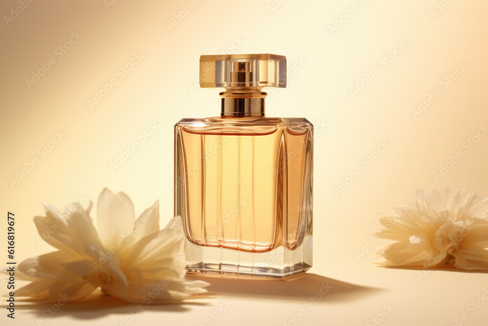 Mock up of minimal elegant perfume bottle. Stylish parfumerie banner. AI generative Mock up of minimal elegant perfume bottle. Stylish parfumerie banner. AI generative
