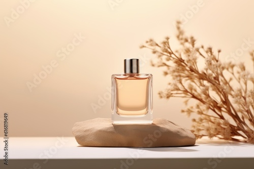 Mock up of  minimal elegant perfume bottle. Stylish parfumerie banner. AI generative