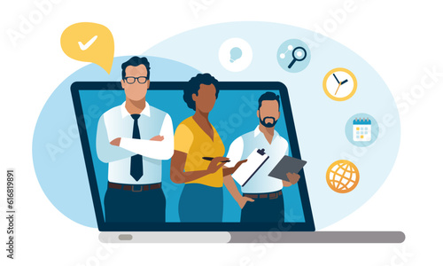 On line service team. Customer service, help desk. Online technical support. Vector illustration. 