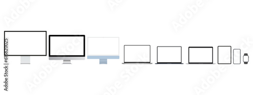 Set of Modern Electronic Devices. Computers, Laptops, Tablets, Phones, Watches. Vector Illustration