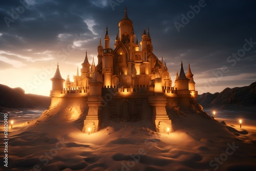 lightened sand castle at sunset. generative AI illustration.
