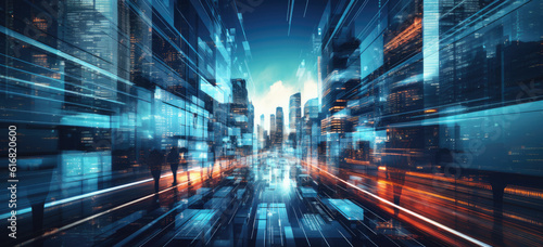 Digital speed way in the city. connecting  facility and real estate  and the people. hand edited generative AI.  