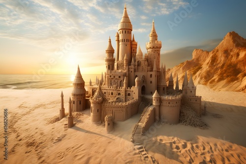sand castle at sunset. generative AI illustration. © roei