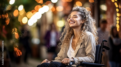 Illustration of Happy young woman in wheelchair in the city at night. Close up. AI generated Illustration