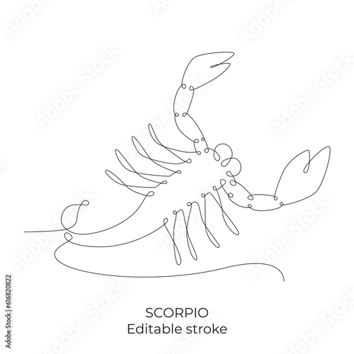 Scorpio zodiac constellation one single hand drawing continues line. Vector stock illustration isolated on white background. Editable stroke line.