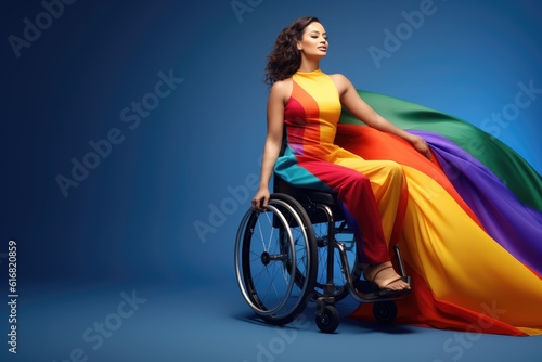 Queer disabled, lesbian in rainbowcolours in wheelchair at gay pride, stop or prohibit discrimination against someone because of a disability or sexual orientation, created with generative ai photo