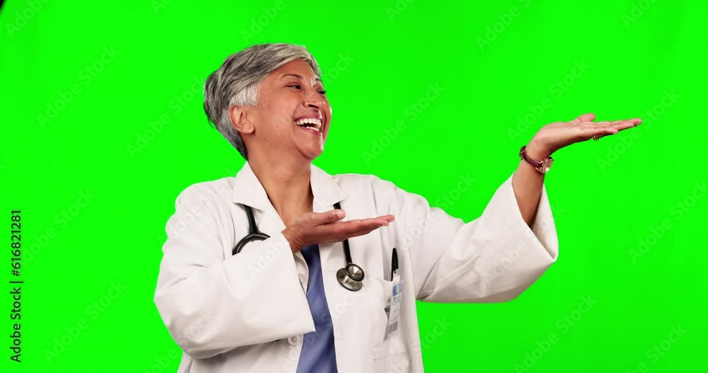 Green screen, elderly woman face and happy doctor gesture at presentation, healthcare branding or medical insurance info. Chroma key portrait, nurse promo space or female surgeon on studio background Green screen, elderly woman face and happy doctor gesture at presentation, healthcare branding or medical insurance info. Chroma key portrait, nurse promo space or female surgeon on studio background
