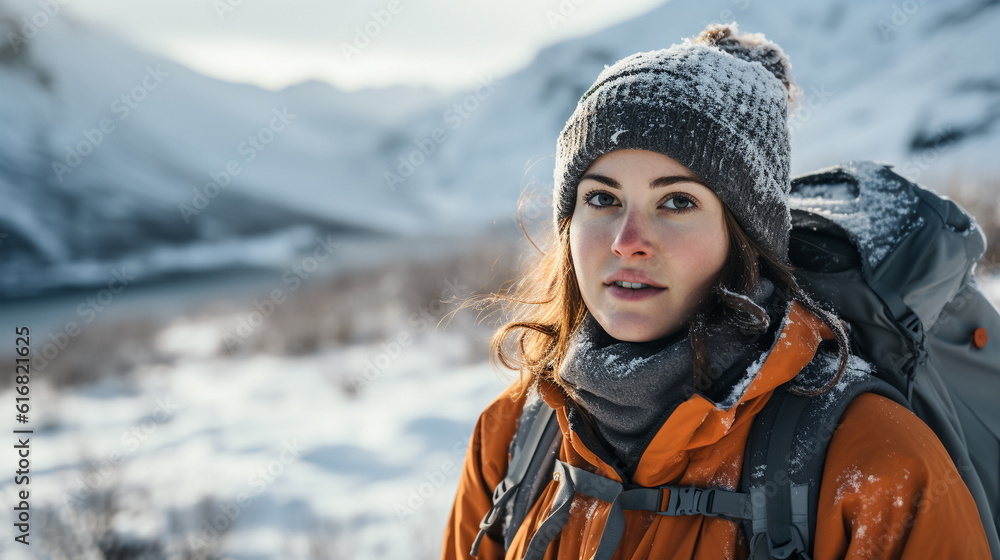 Illustration of A girl with a backpack on the background of the mountains in winter. AI generated Illustration