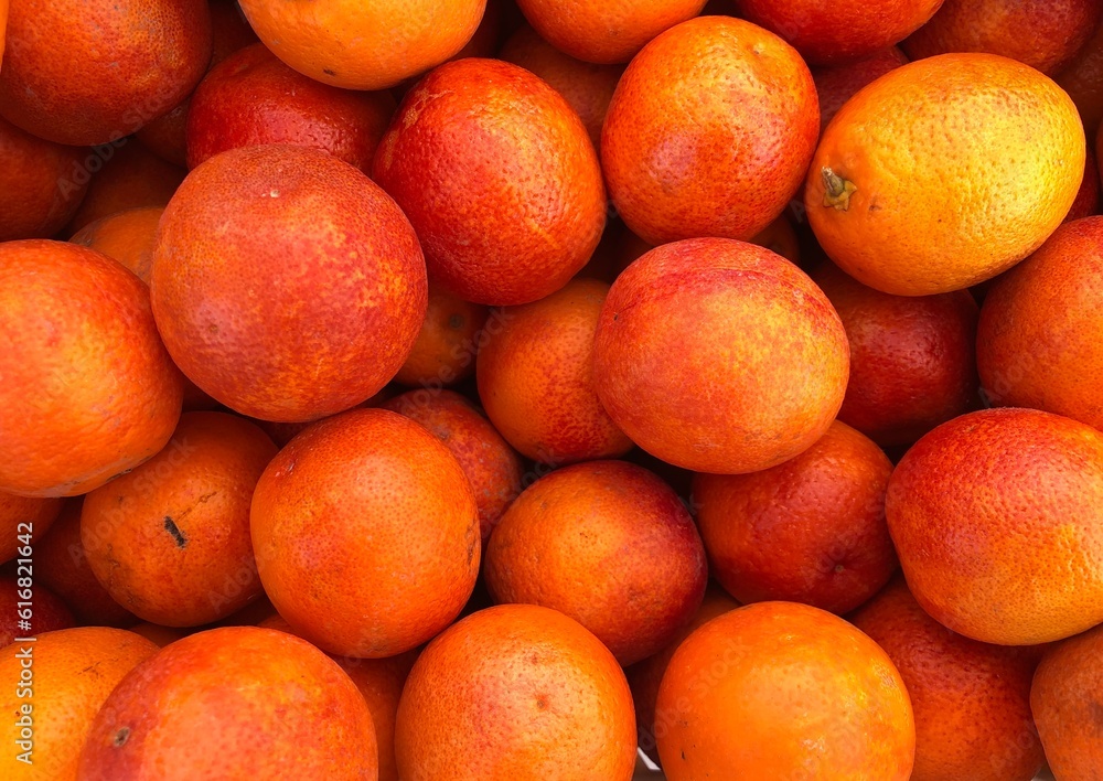 Close up of blood oranges at the farmers market 