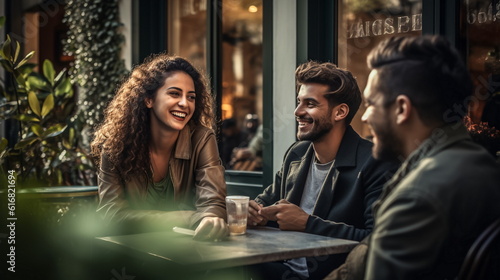 Illustration of Group of young friends having a coffee break together in a pub. AI generated Illustration