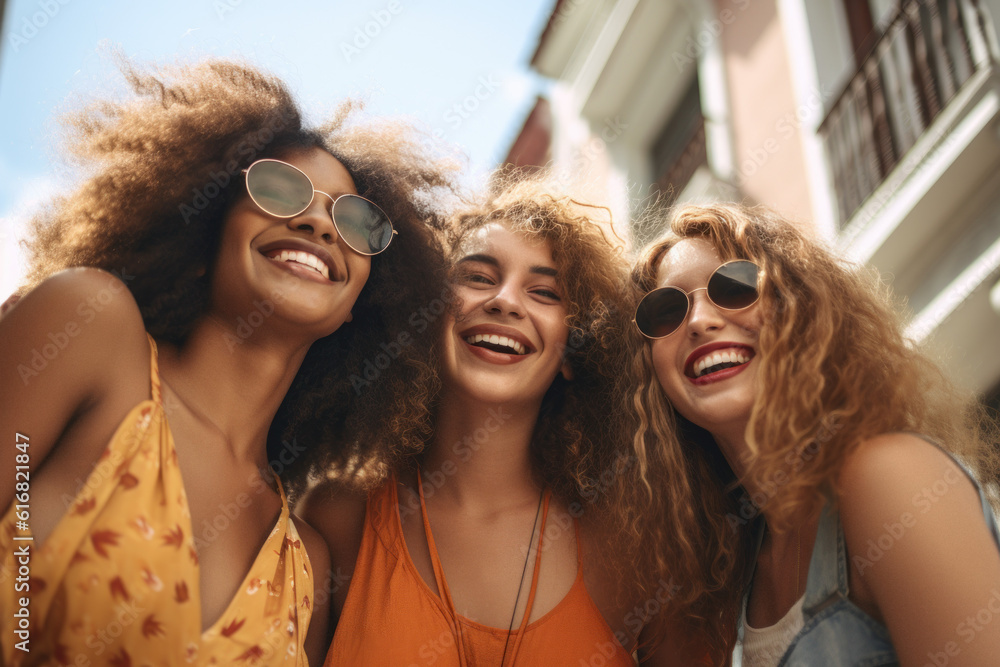 Three young multiracial women having fun on city street outdoors - Mixed female friends enjoying a day out together - Happy lifestyle, youth and young females concept. Generative AI