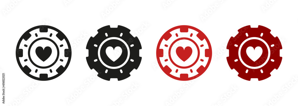 Obraz premium Chip Poker Silhouette Black and Red Icons Set. Hearts Game Suit in Casino Roulette Pictogram Collection. Fortune Games, Gambling, Money Bets. Gamble Betting, Poker Signs. Isolated Vector Illustration