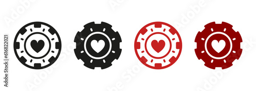 Chip Poker Silhouette Black and Red Icons Set. Hearts Game Suit in Casino Roulette Pictogram Collection. Fortune Games, Gambling, Money Bets. Gamble Betting, Poker Signs. Isolated Vector Illustration