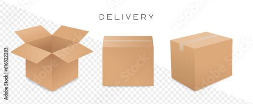 Cardboard box mockup set. Carton delivery packaging opened and closed boxes. Vector illustration EPS10