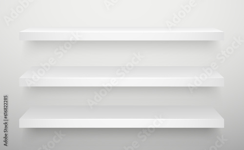 White shelf mockup. Empty shelves template. Realistic bookshelf design. Home interior elements on a wall. Modern horizontal shelf. Vector illustration