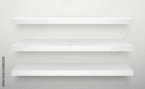 White shelf mockup. Empty shelves template. Realistic bookshelf design. Home interior elements on a wall. Modern horizontal shelf. Vector illustration
