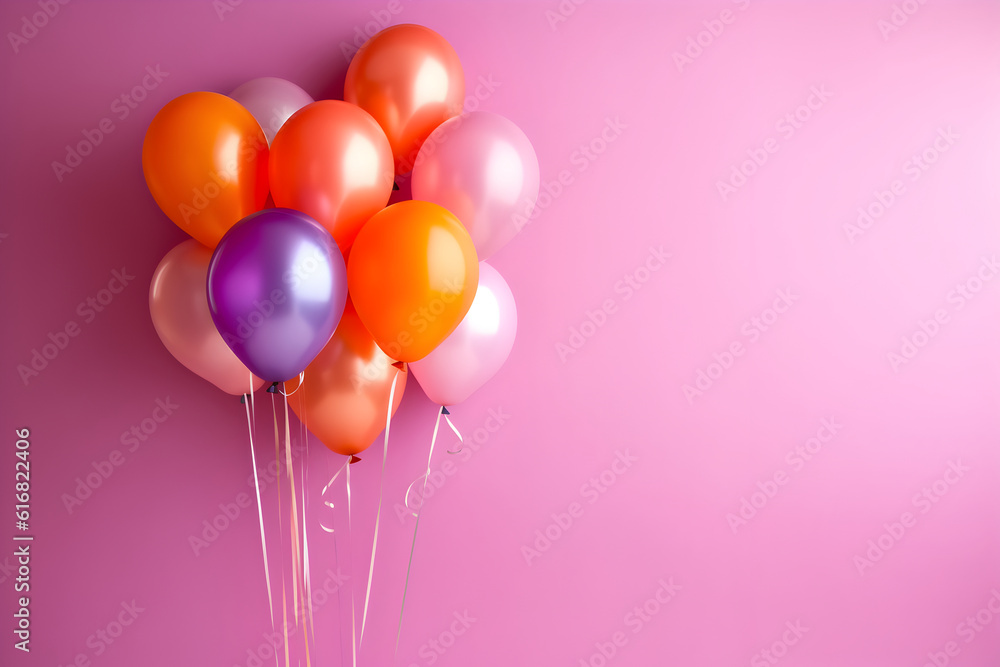 Colorful balloons bunch tied on a pink wall background with copy space. Birthday, wedding, party or celebration concept. Generated AI.