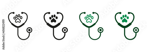 Stethoscope and Animal Footprint Veterinary Concept. Veterinarian Medicine Equipment Line and Silhouette Icon Set. Pet, Dog, Cat Health Care Service Symbol Collection. Isolated Vector Illustration
