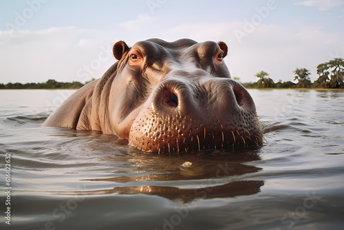 Big hippopotamus wallowing in water