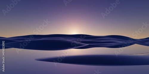 Fototapeta Naklejka Na Ścianę i Meble -  3d rendering, abstract fantastic background. Violet yellow gradient sunset. Surreal spiritual landscape: hills and flat calm water surface. Minimalist aesthetic wallpaper