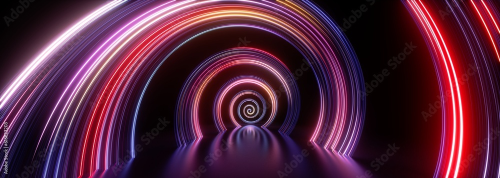 Obraz premium 3d render. Abstract neon background of perspective view of spiral tunnel and glossy floor reflection