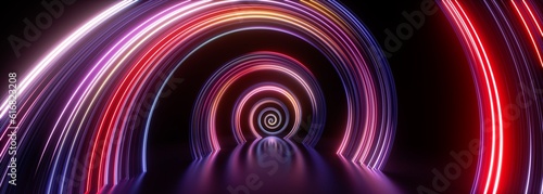 3d render. Abstract neon background of perspective view of spiral tunnel and glossy floor reflection
