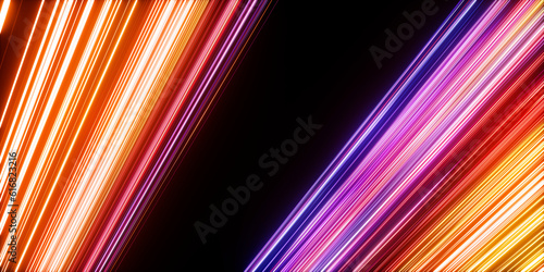 3d render. Abstract geometric background of glowing diagonal neon lines. Modern simple wallpaper