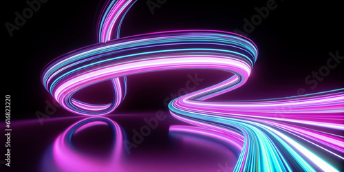3d render. Abstract neon wallpaper. Glowing lines over black background. Light drawing trajectory, twisted ribbon