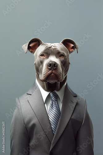 Colby Pitbull breed dog wearing a suit and tie