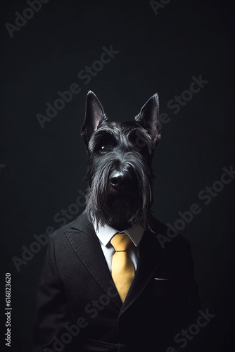 Scottish terrier breed dog wearing a suit