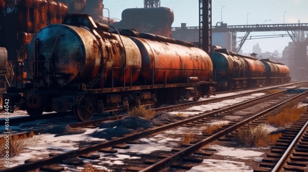 unclaimed rusty freight wagons derailed or on abandoned branches. wartime, crisis, misfortune, disaster. environment and insurance concept.Generative AI unclaimed rusty freight wagons derailed or on abandoned branches. wartime, crisis, misfortune, disaster. environment and insurance concept.Generative AI